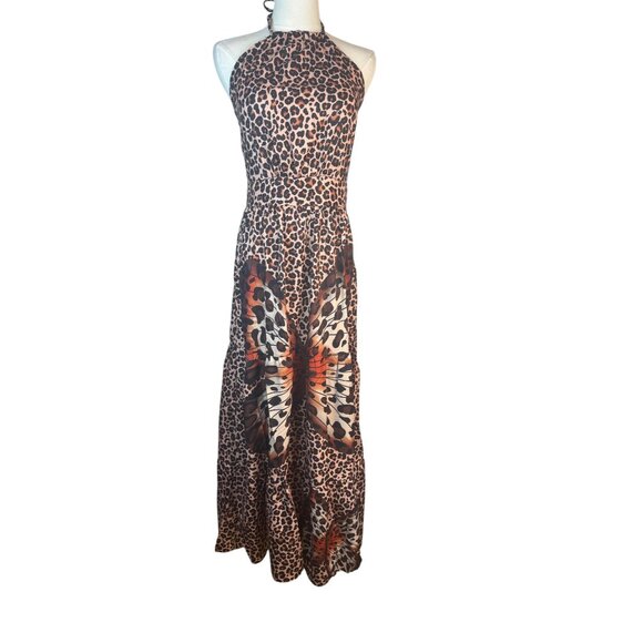 2/$50 NEW Leopard M Print Boho Halter Maxi Dress Butterfly Detail Sleeveless - Picture 3 of 16